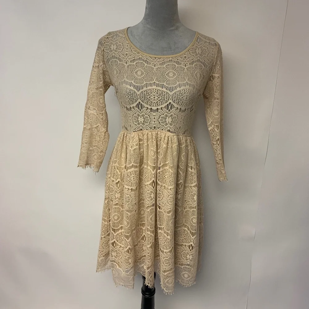 Mallory dress SZ S vintage crochet lace tan cottagecore mini whimsical fairy - Picture 1 of 11